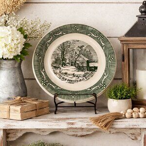 Vintage Currier & Ives "The Old Homestead in Winter" Green Pie Plate Royal China